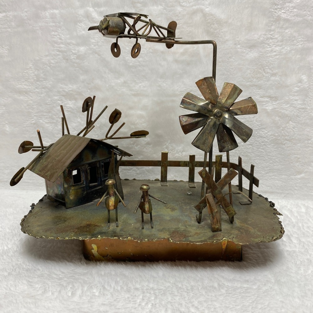 VTG Metal Art Copper Tin Sculpture Windmill Airplane Farm Japan Music Box *Video